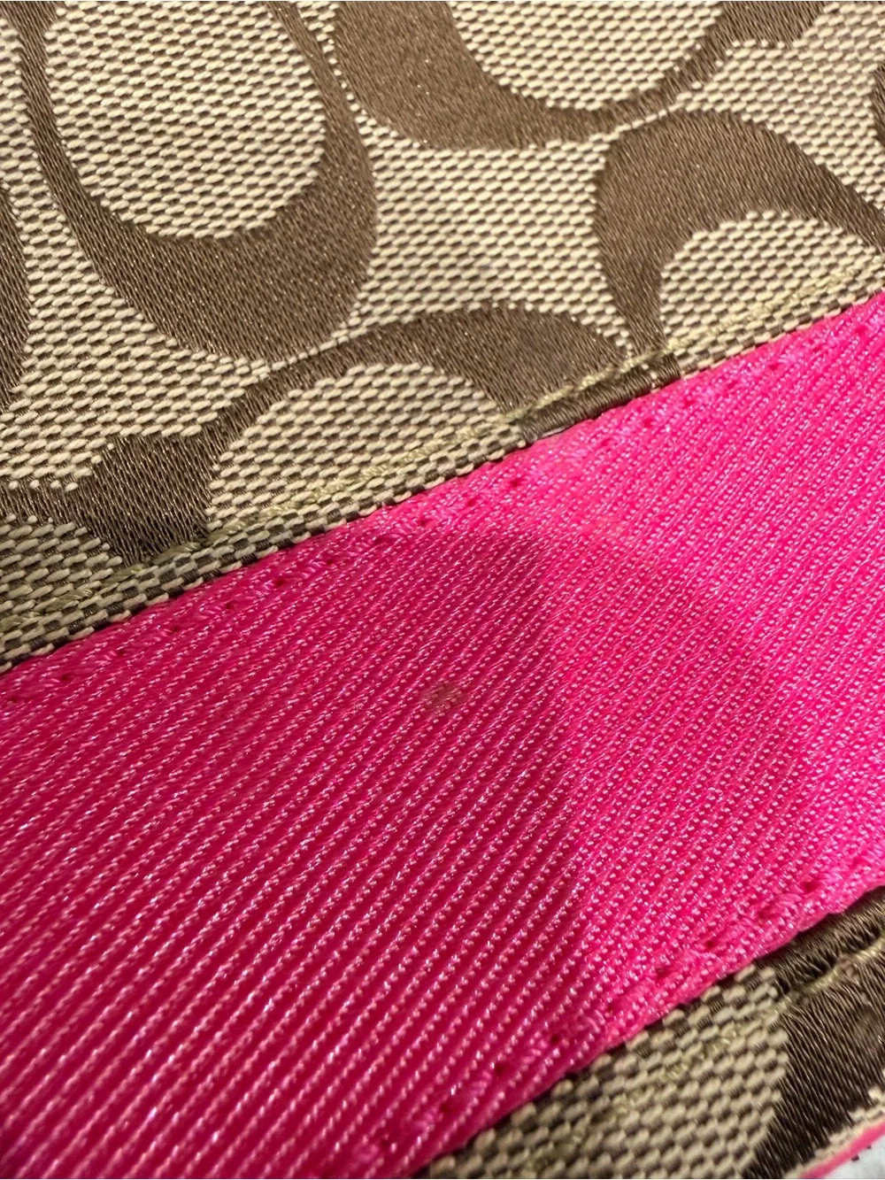 Coach Signature Canvas Wristlet in Brown and Hot Pink